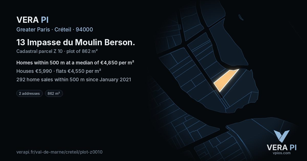 13 Impasse du Moulin Berson, Créteil at night – the plot lit, the parcels around coloured by the prices near them