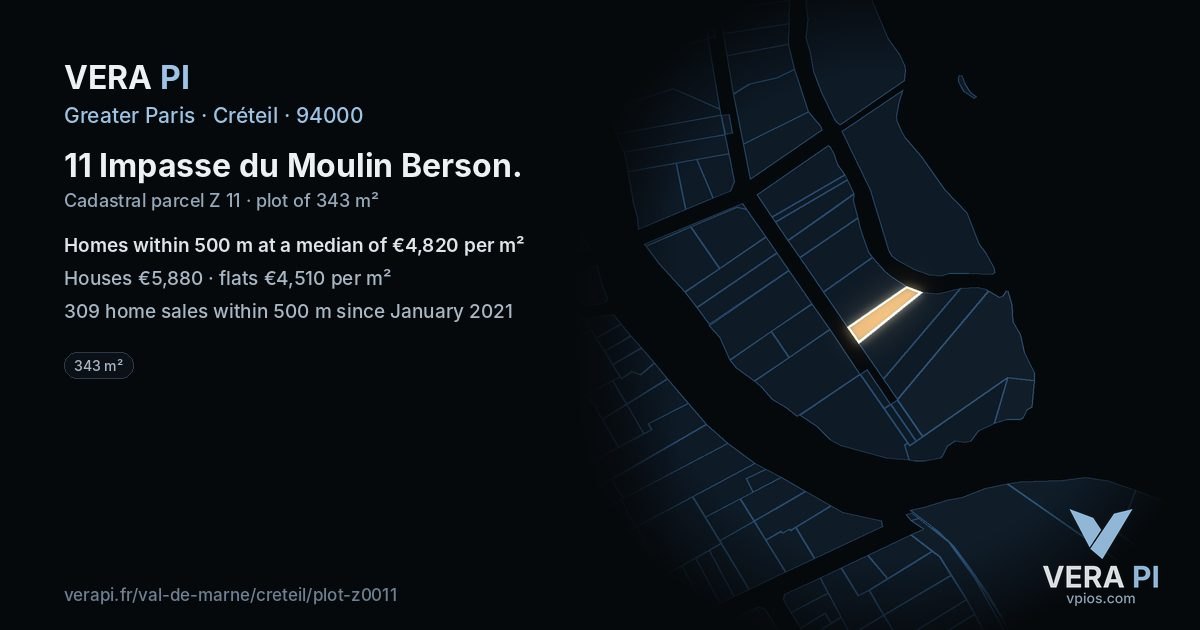 11 Impasse du Moulin Berson, Créteil at night – the plot lit, the parcels around coloured by the prices near them