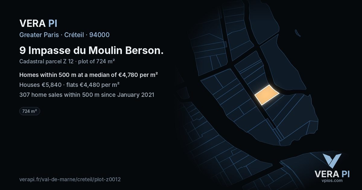 9 Impasse du Moulin Berson, Créteil at night – the plot lit, the parcels around coloured by the prices near them