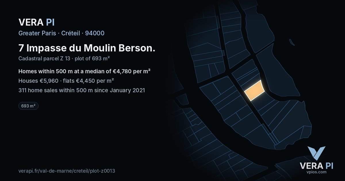 7 Impasse du Moulin Berson, Créteil at night – the plot lit, the parcels around coloured by the prices near them