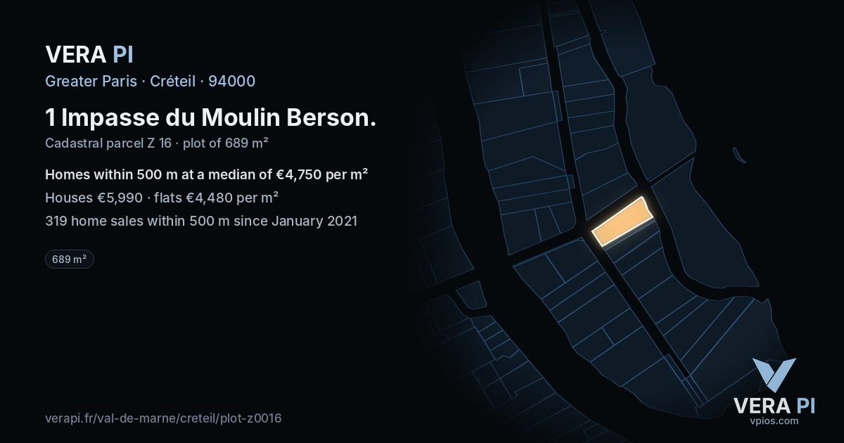 1 Impasse du Moulin Berson, Créteil at night – the plot lit, the parcels around coloured by the prices near them