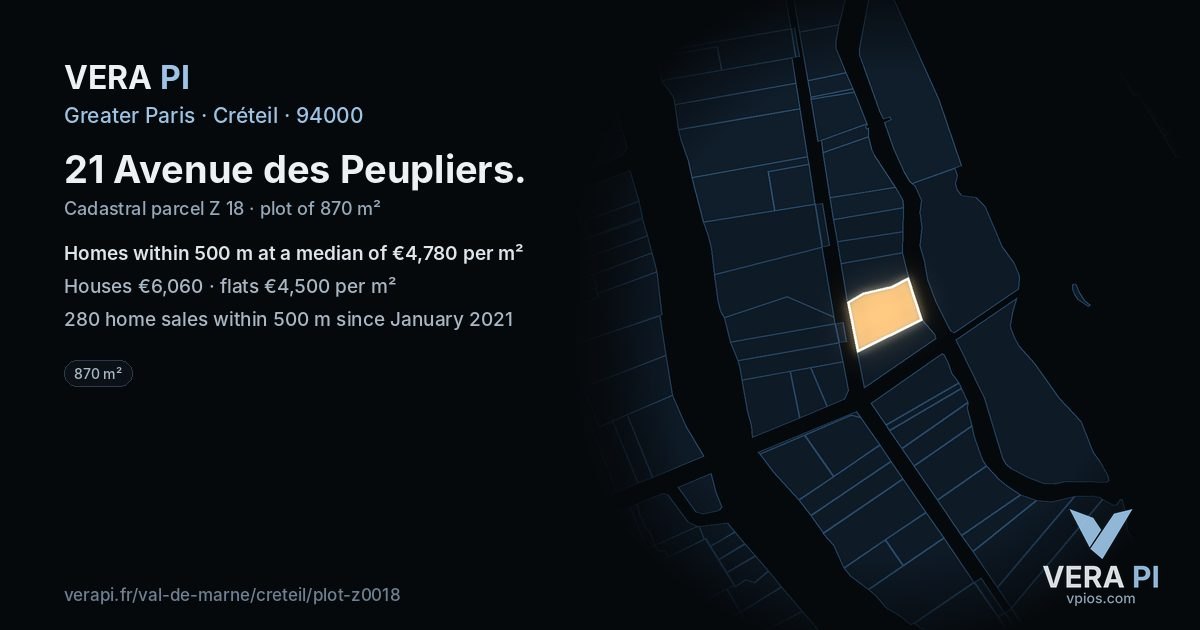 21 Avenue des Peupliers, Créteil at night – the plot lit, the parcels around coloured by the prices near them
