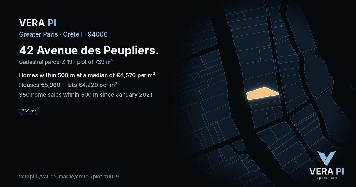 42 Avenue des Peupliers, Créteil at night – the plot lit, the parcels around coloured by the prices near them