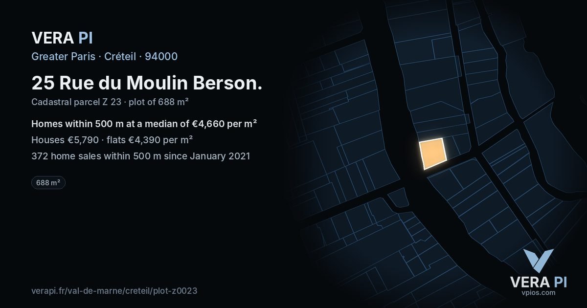 25 Rue du Moulin Berson, Créteil at night – the plot lit, the parcels around coloured by the prices near them