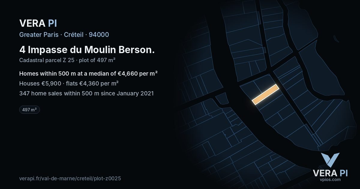 4 Impasse du Moulin Berson, Créteil at night – the plot lit, the parcels around coloured by the prices near them