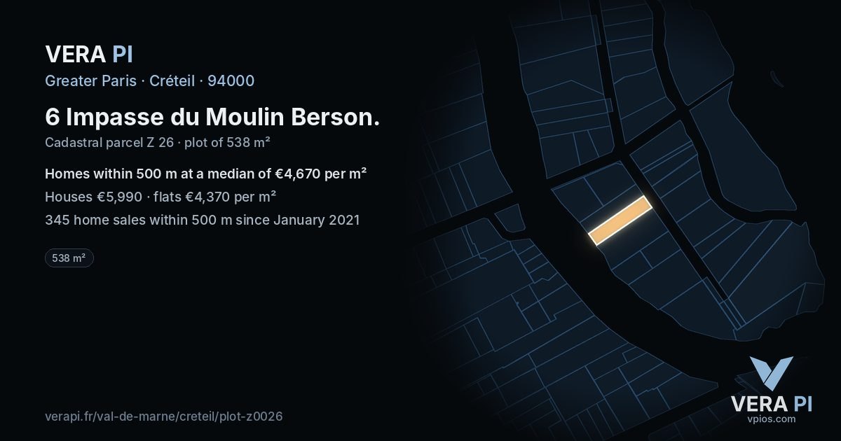 6 Impasse du Moulin Berson, Créteil at night – the plot lit, the parcels around coloured by the prices near them