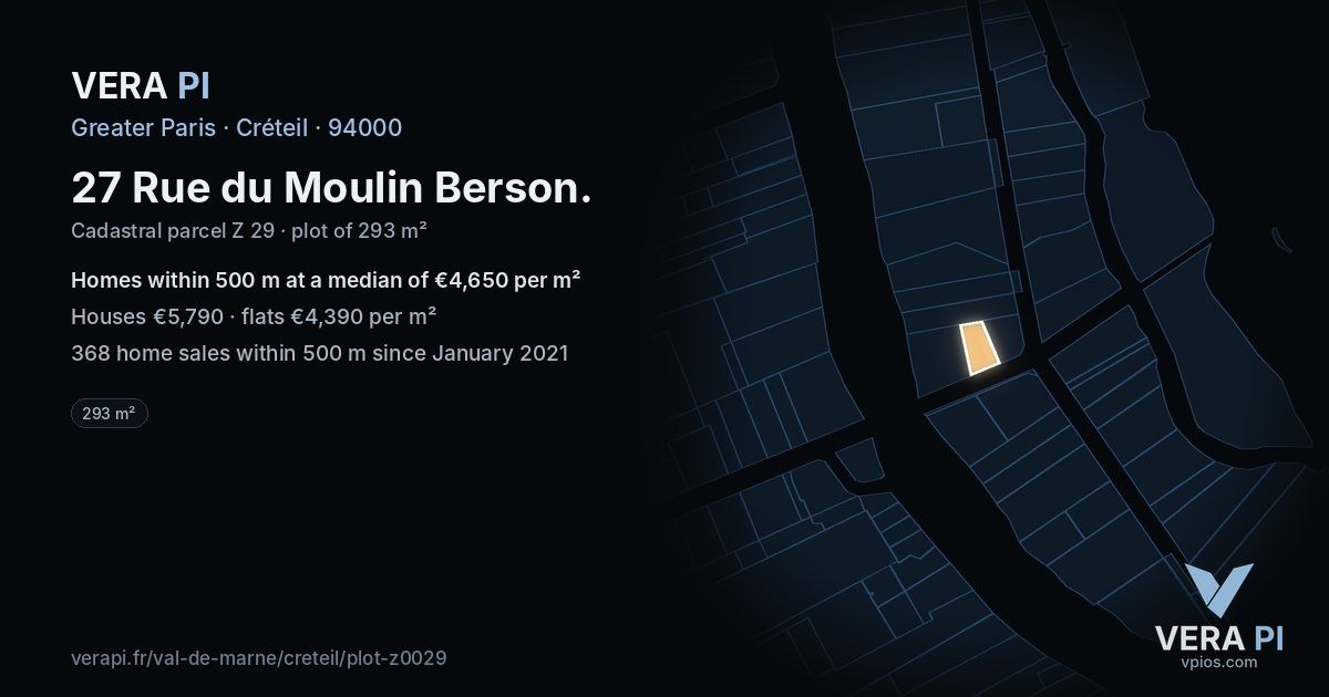 27 Rue du Moulin Berson, Créteil at night – the plot lit, the parcels around coloured by the prices near them