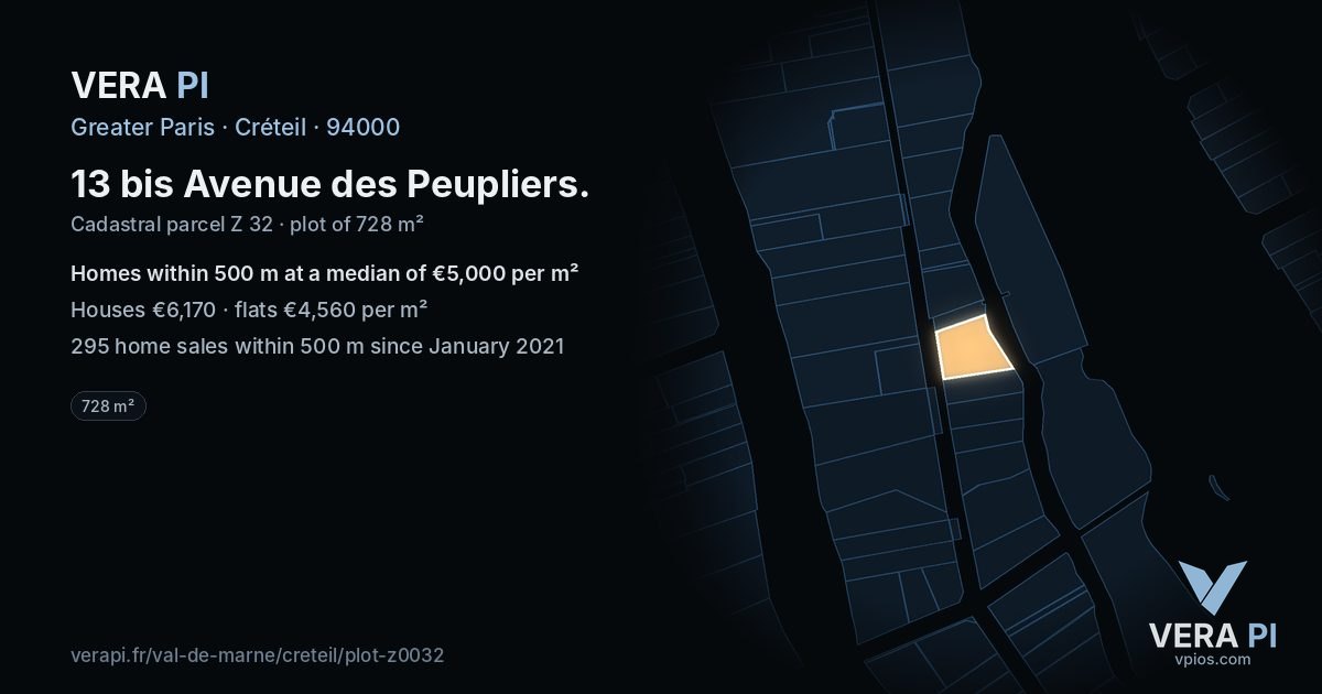 13 bis Avenue des Peupliers, Créteil at night – the plot lit, the parcels around coloured by the prices near them
