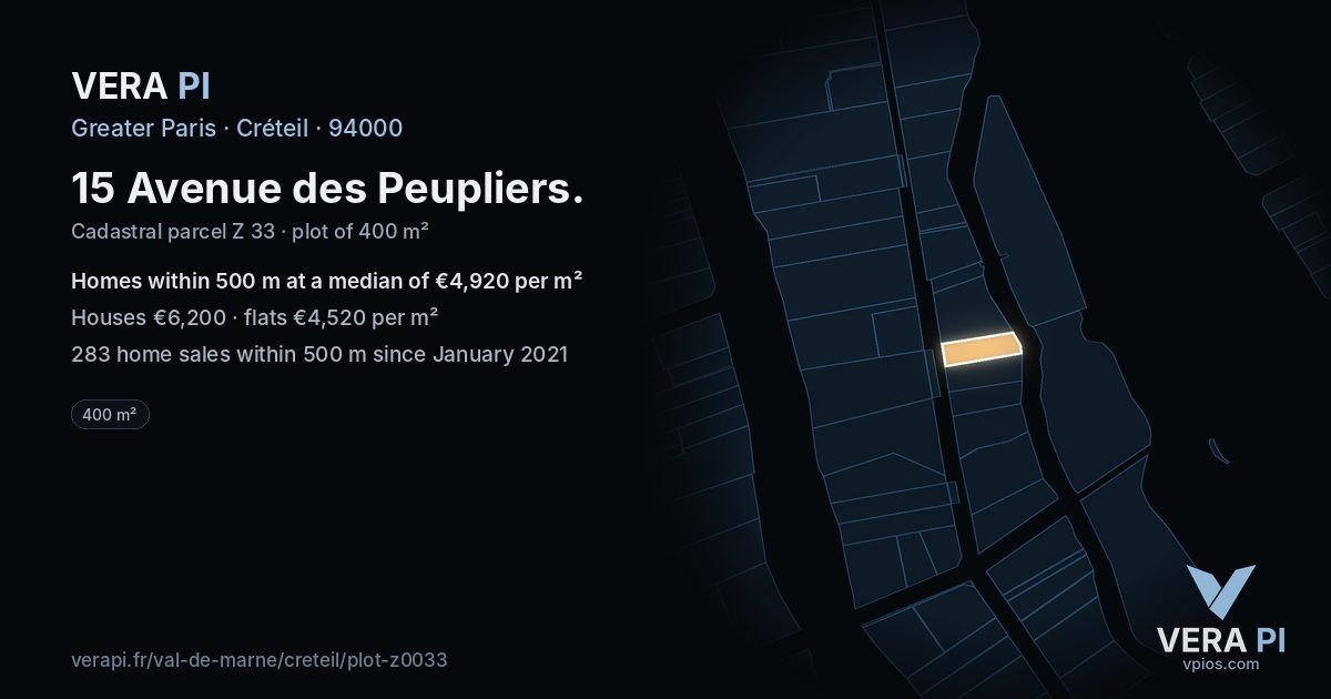 15 Avenue des Peupliers, Créteil at night – the plot lit, the parcels around coloured by the prices near them