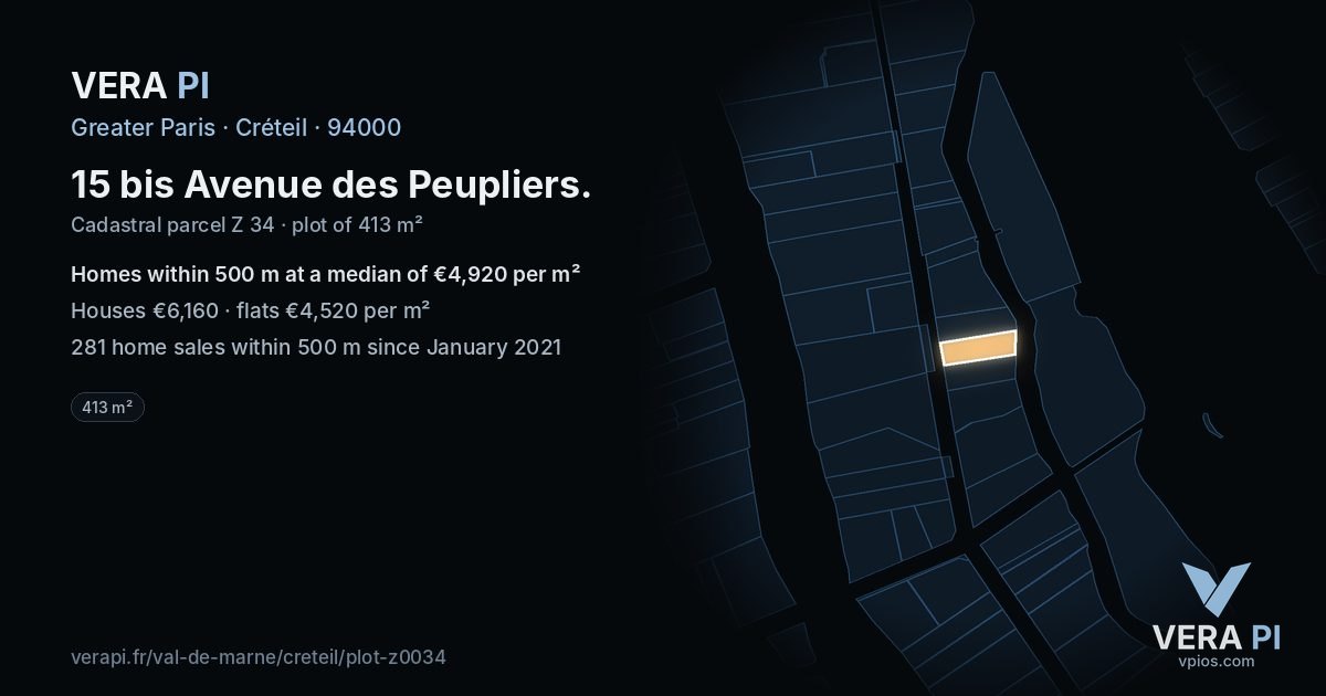 15 bis Avenue des Peupliers, Créteil at night – the plot lit, the parcels around coloured by the prices near them