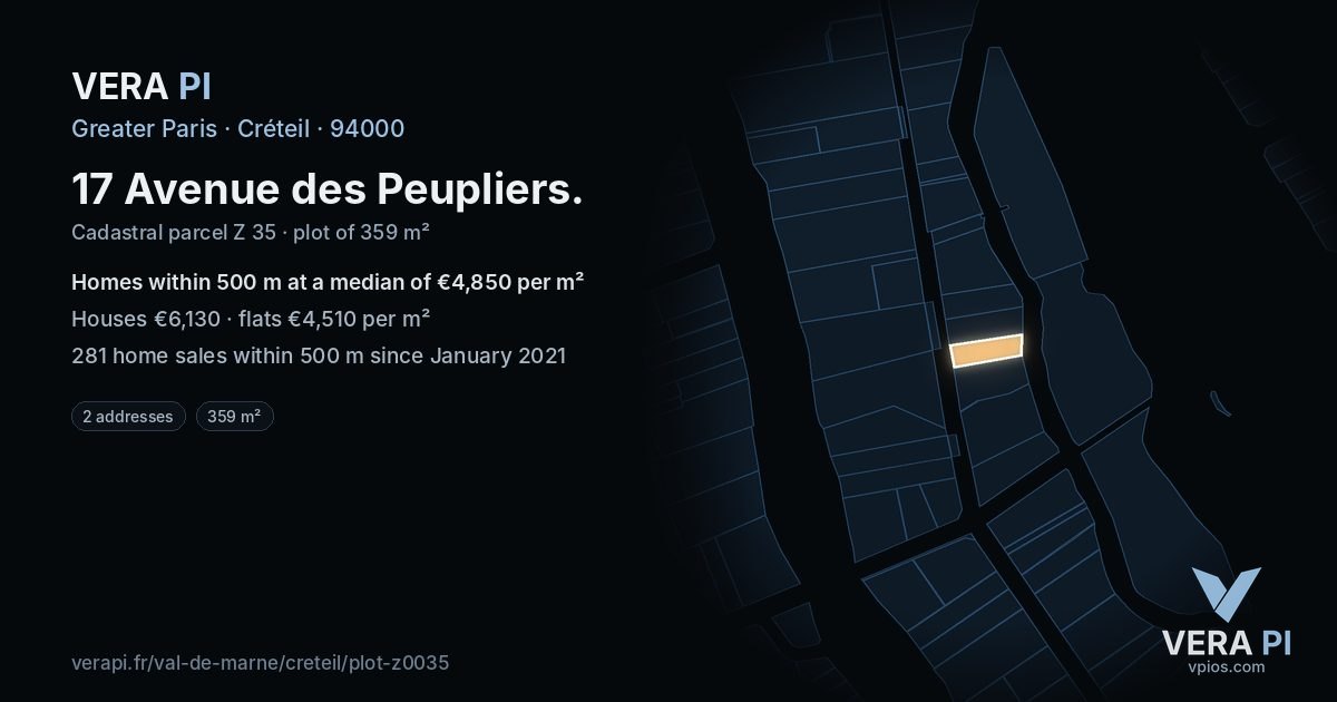 17 Avenue des Peupliers, Créteil at night – the plot lit, the parcels around coloured by the prices near them