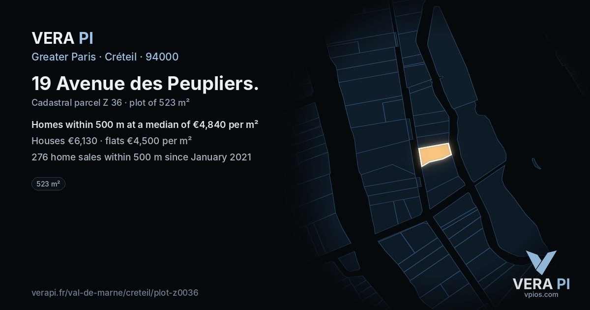 19 Avenue des Peupliers, Créteil at night – the plot lit, the parcels around coloured by the prices near them