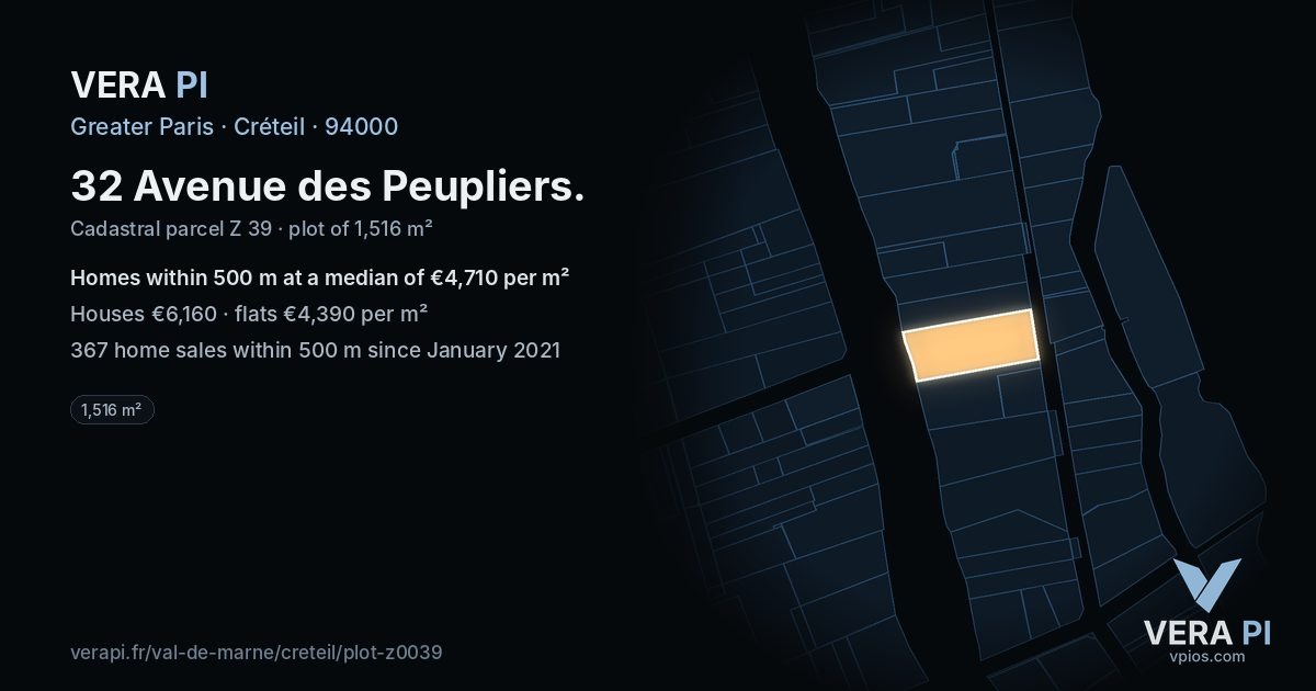 32 Avenue des Peupliers, Créteil at night – the plot lit, the parcels around coloured by the prices near them