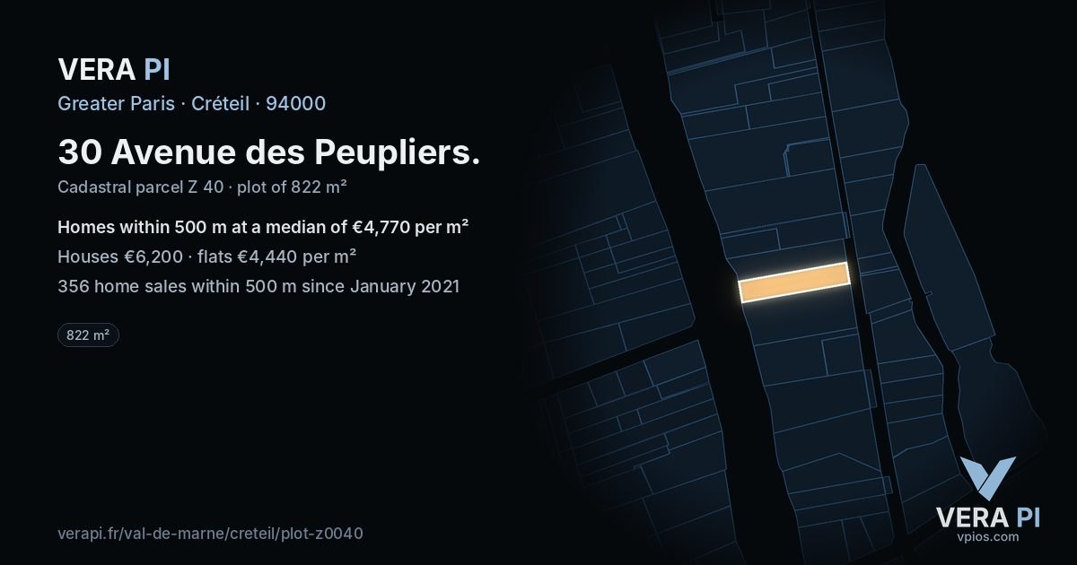 30 Avenue des Peupliers, Créteil at night – the plot lit, the parcels around coloured by the prices near them