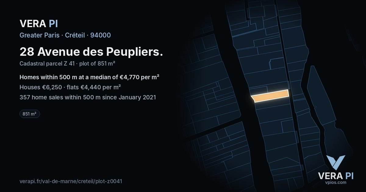 28 Avenue des Peupliers, Créteil at night – the plot lit, the parcels around coloured by the prices near them