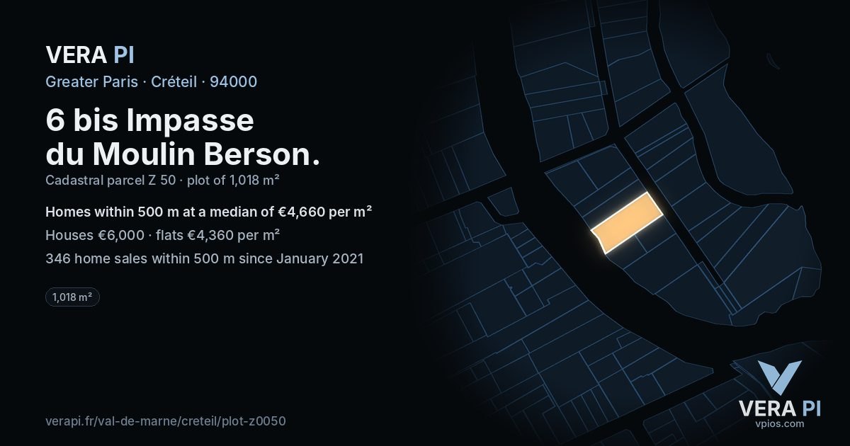 6 bis Impasse du Moulin Berson, Créteil at night – the plot lit, the parcels around coloured by the prices near them