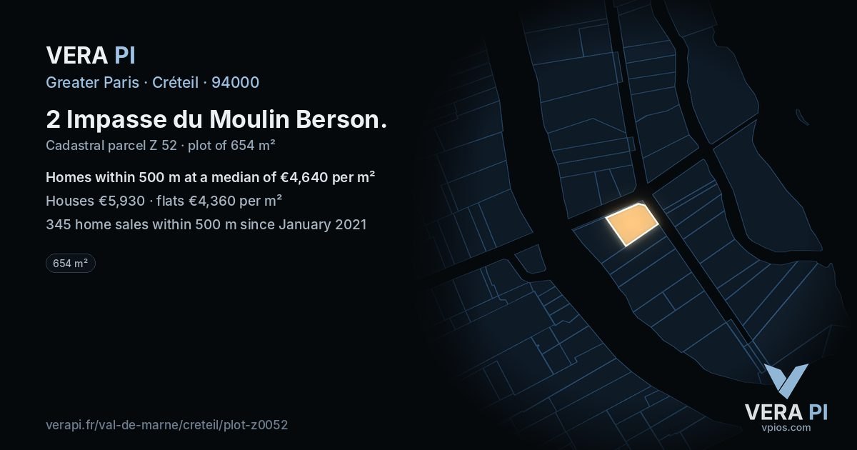 2 Impasse du Moulin Berson, Créteil at night – the plot lit, the parcels around coloured by the prices near them