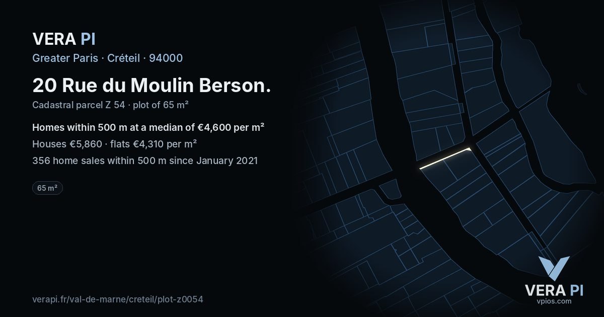 20 Rue du Moulin Berson, Créteil at night – the plot lit, the parcels around coloured by the prices near them
