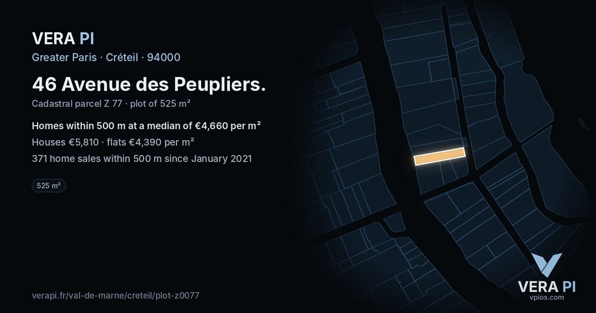 46 Avenue des Peupliers, Créteil at night – the plot lit, the parcels around coloured by the prices near them