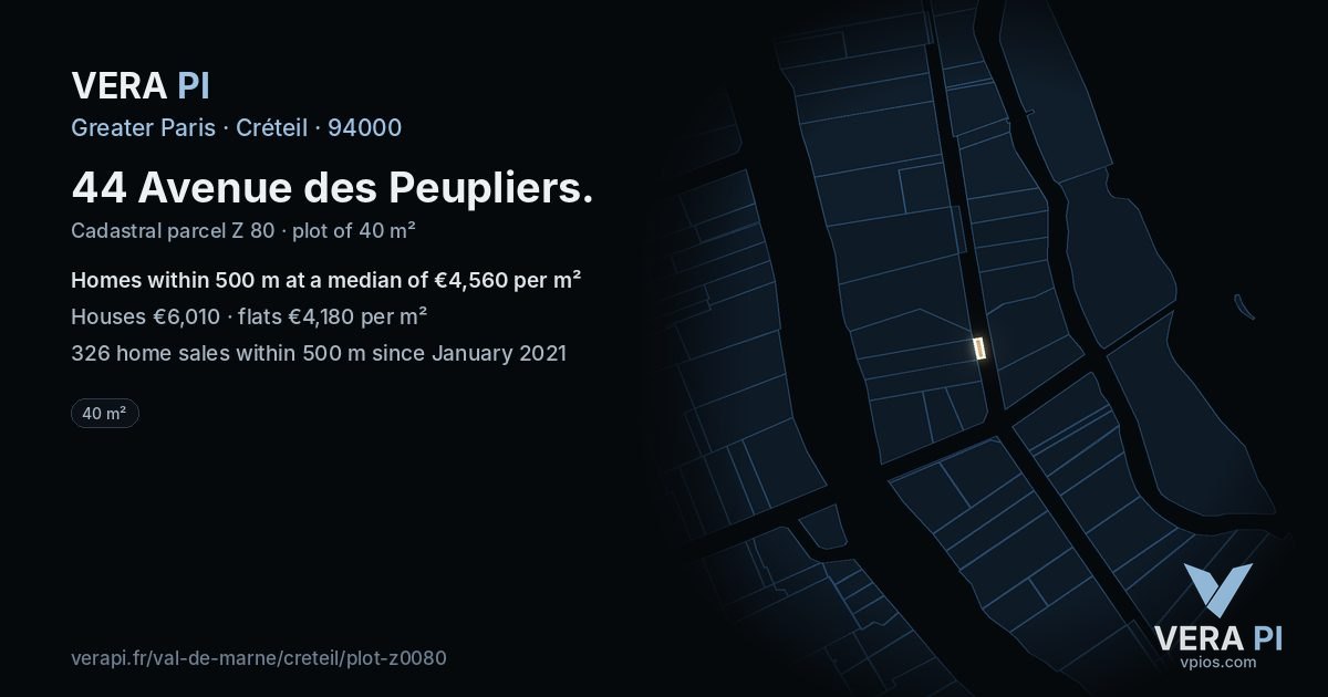 44 Avenue des Peupliers, Créteil at night – the plot lit, the parcels around coloured by the prices near them
