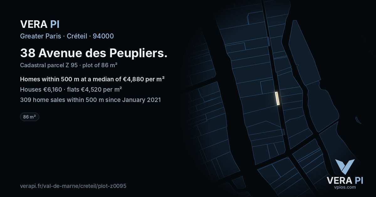 38 Avenue des Peupliers, Créteil at night – the plot lit, the parcels around coloured by the prices near them