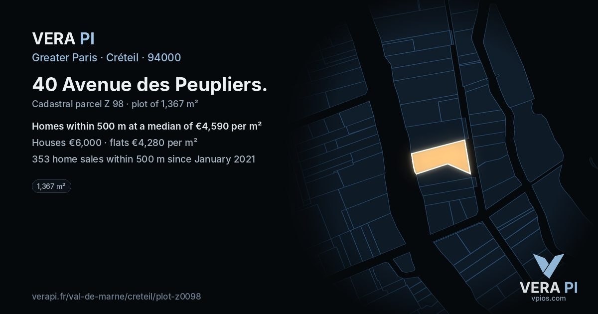 40 Avenue des Peupliers, Créteil at night – the plot lit, the parcels around coloured by the prices near them