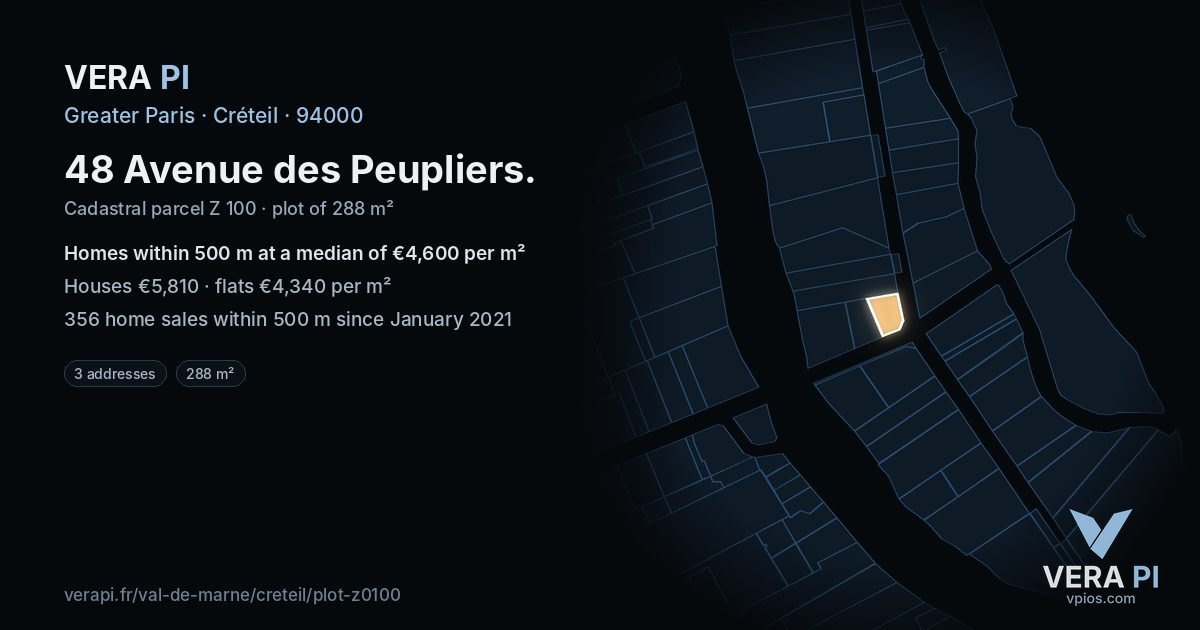 48 Avenue des Peupliers, Créteil at night – the plot lit, the parcels around coloured by the prices near them