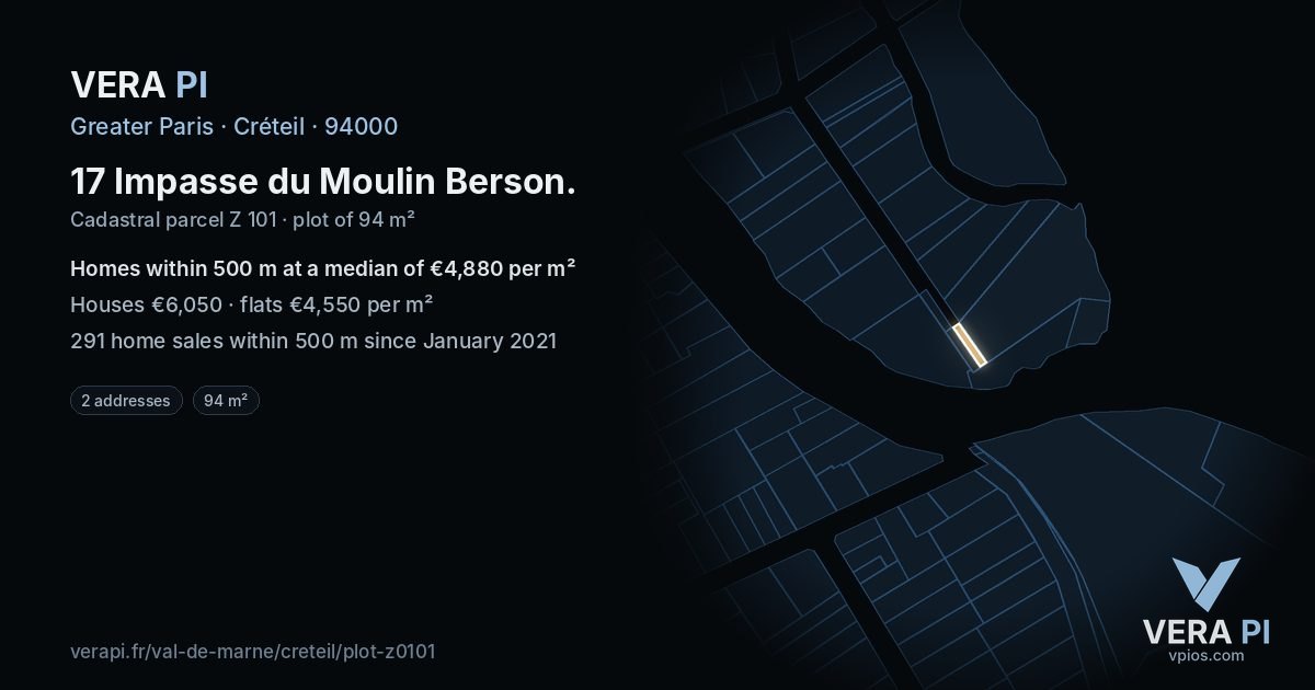 17 Impasse du Moulin Berson, Créteil at night – the plot lit, the parcels around coloured by the prices near them