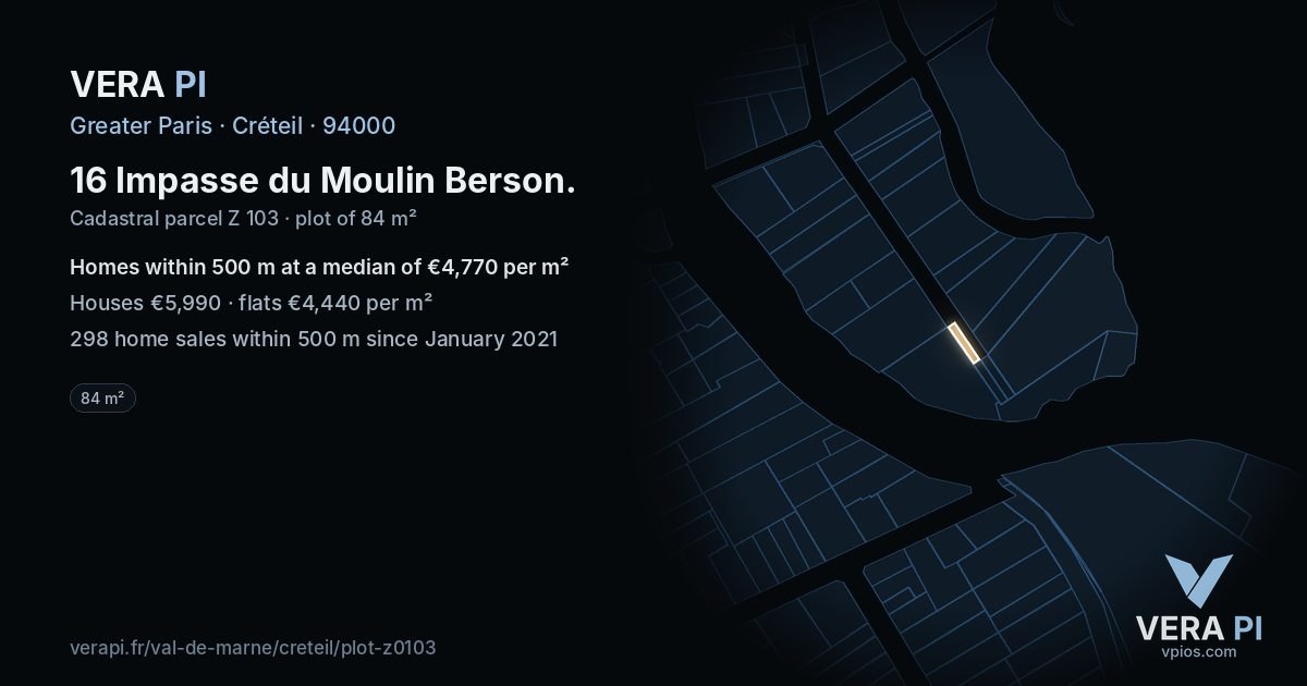 16 Impasse du Moulin Berson, Créteil at night – the plot lit, the parcels around coloured by the prices near them