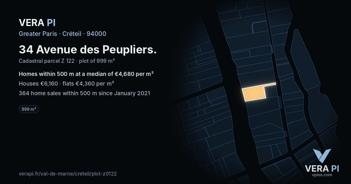34 Avenue des Peupliers, Créteil at night – the plot lit, the parcels around coloured by the prices near them