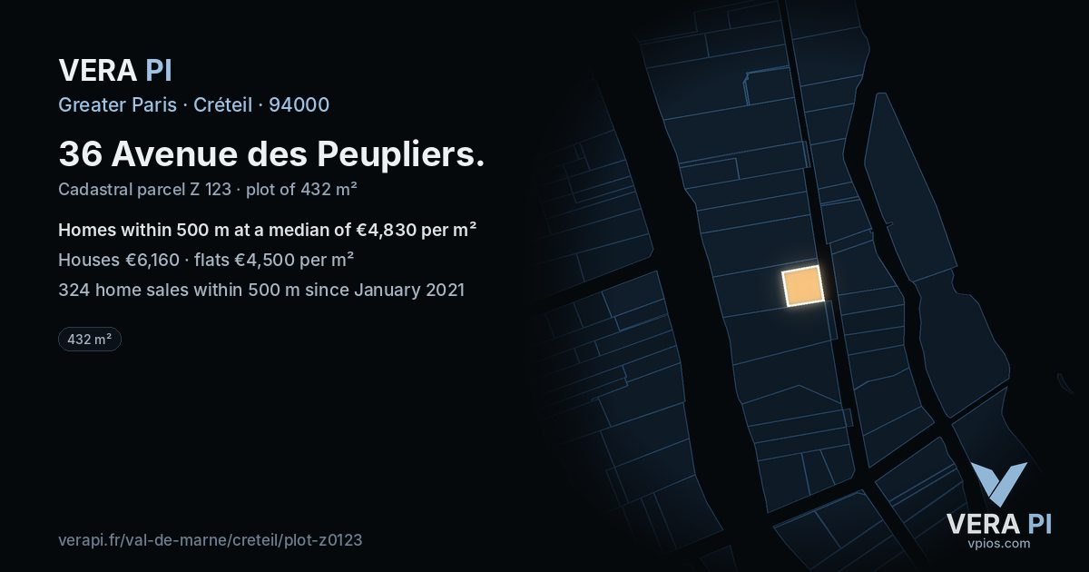 36 Avenue des Peupliers, Créteil at night – the plot lit, the parcels around coloured by the prices near them