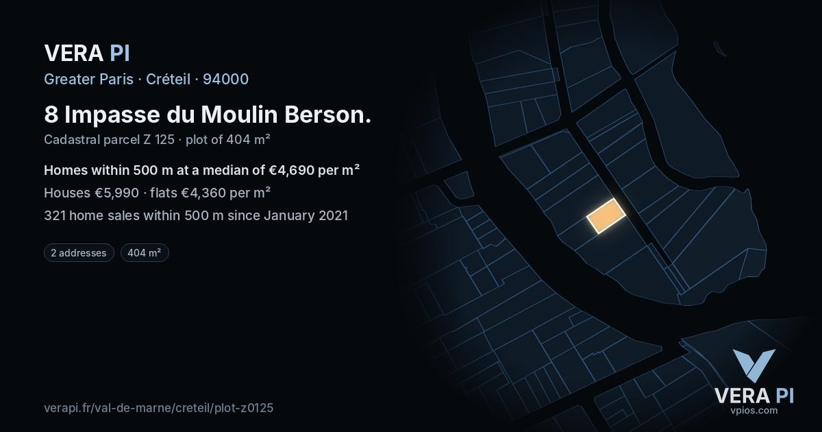 8 Impasse du Moulin Berson, Créteil at night – the plot lit, the parcels around coloured by the prices near them