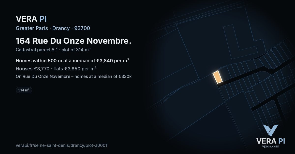 164 Rue Du Onze Novembre, Drancy at night – the plot lit, the parcels around coloured by the prices near them