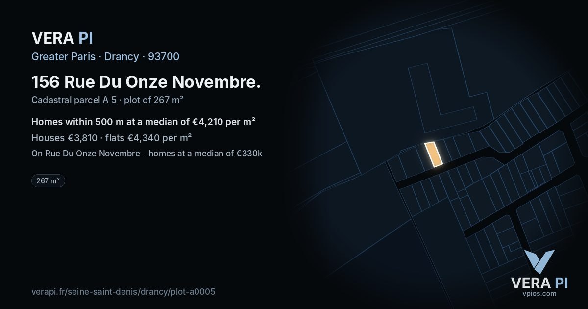 156 Rue Du Onze Novembre, Drancy at night – the plot lit, the parcels around coloured by the prices near them