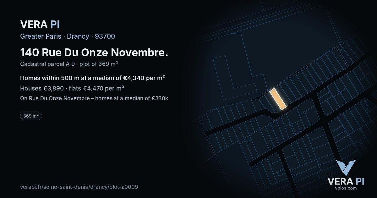 140 Rue Du Onze Novembre, Drancy at night – the plot lit, the parcels around coloured by the prices near them