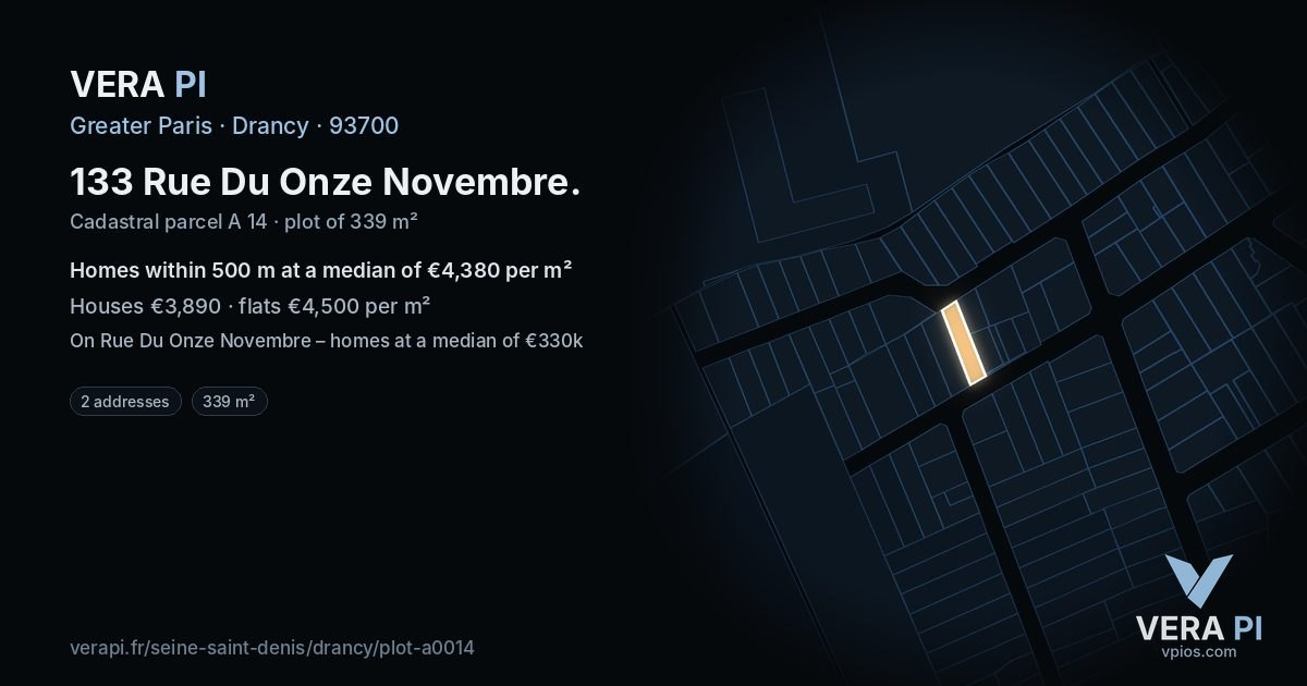 133 Rue Du Onze Novembre, Drancy at night – the plot lit, the parcels around coloured by the prices near them