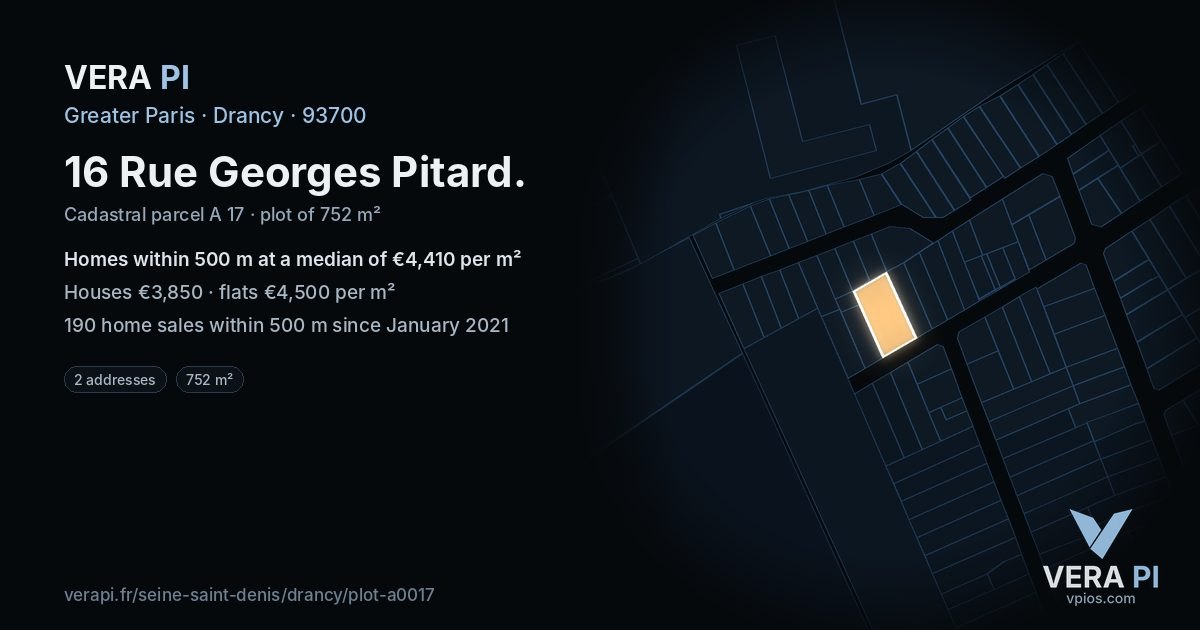 16 Rue Georges Pitard, Drancy at night – the plot lit, the parcels around coloured by the prices near them
