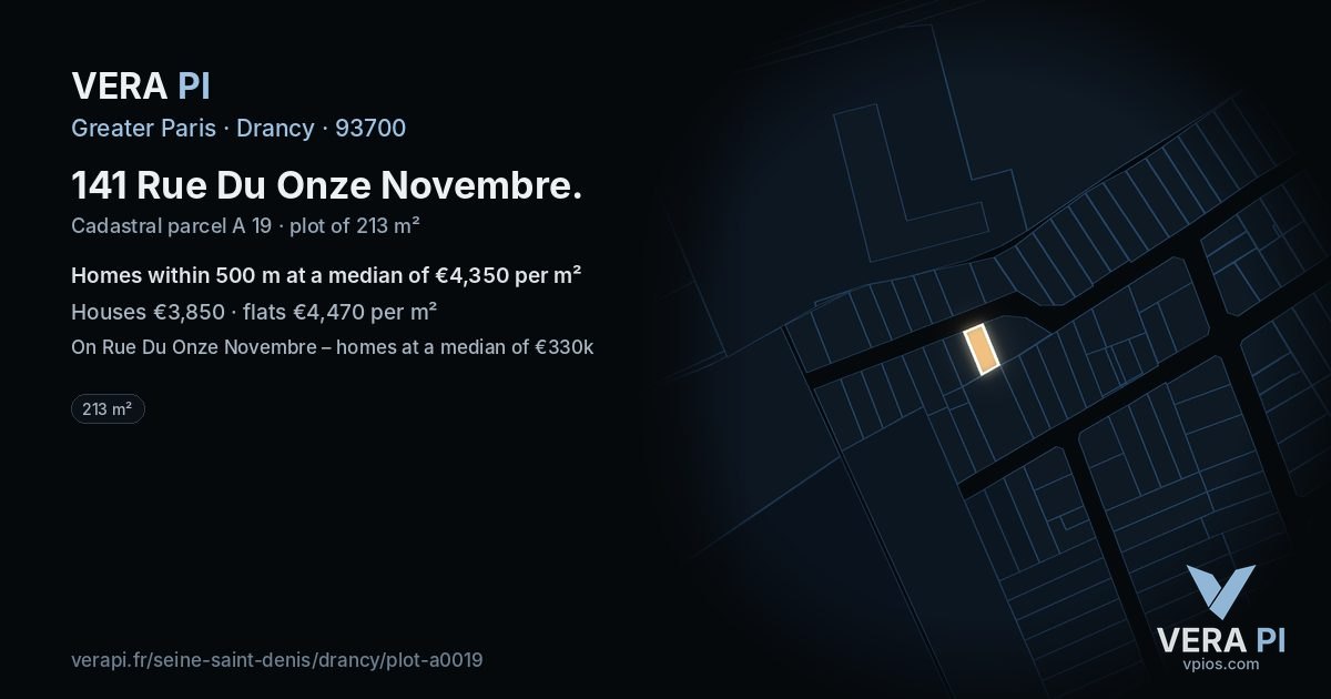 141 Rue Du Onze Novembre, Drancy at night – the plot lit, the parcels around coloured by the prices near them