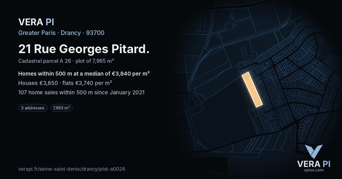 21 Rue Georges Pitard, Drancy at night – the plot lit, the parcels around coloured by the prices near them