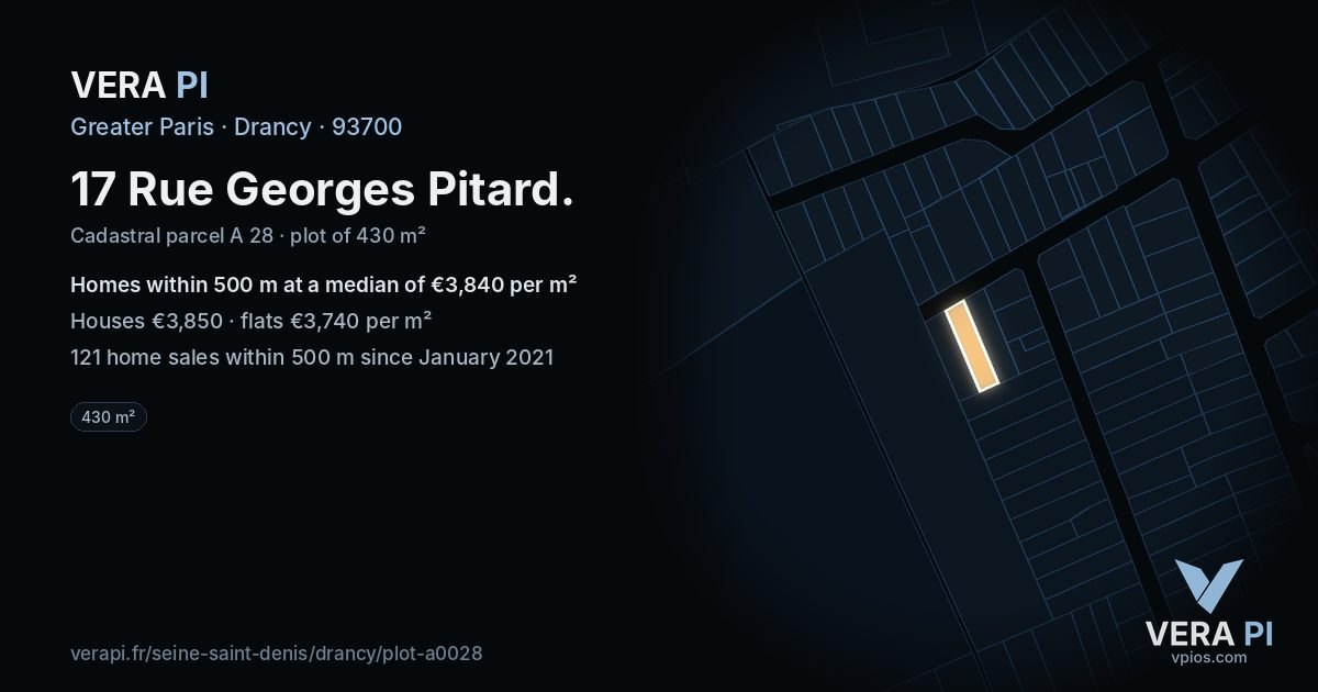 17 Rue Georges Pitard, Drancy at night – the plot lit, the parcels around coloured by the prices near them