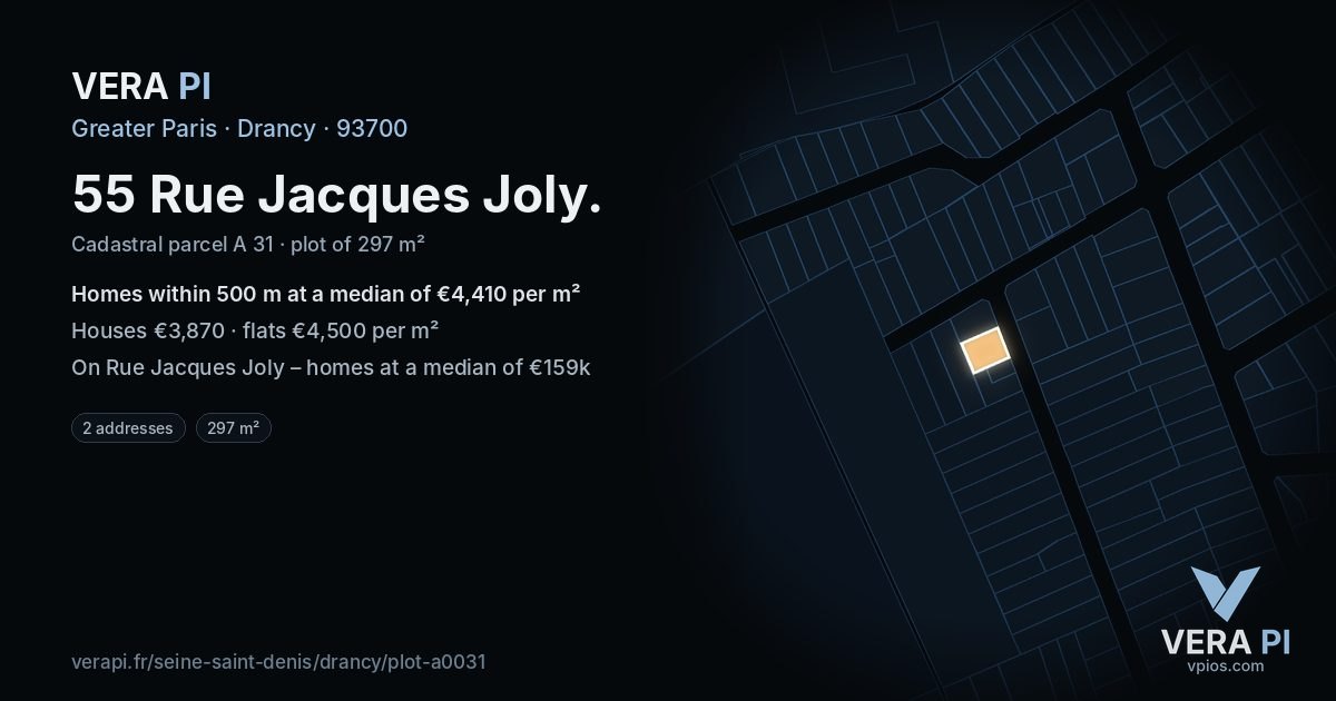 55 Rue Jacques Joly, Drancy at night – the plot lit, the parcels around coloured by the prices near them