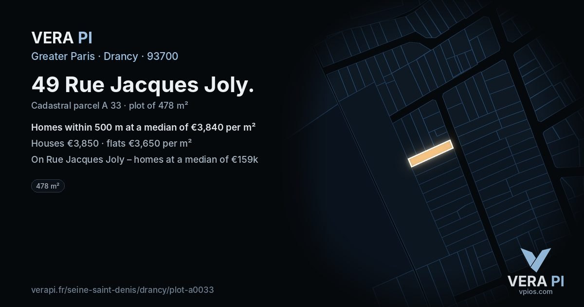 49 Rue Jacques Joly, Drancy at night – the plot lit, the parcels around coloured by the prices near them