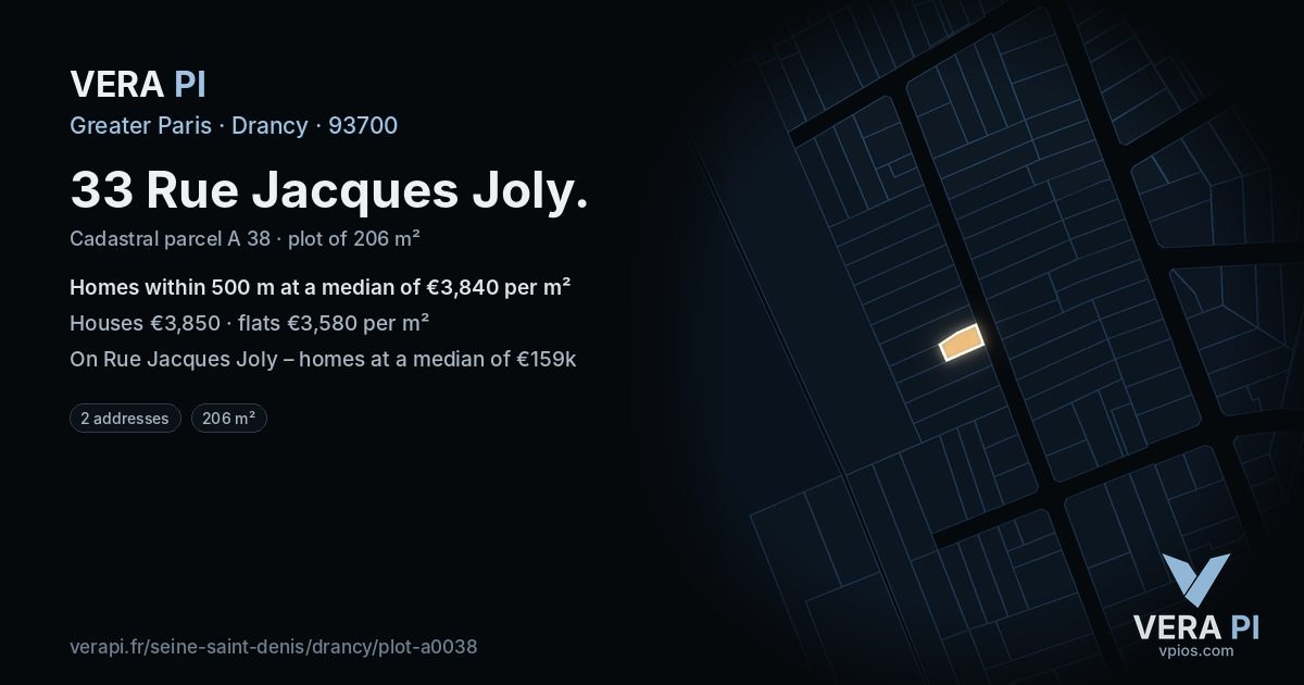 33 Rue Jacques Joly, Drancy at night – the plot lit, the parcels around coloured by the prices near them