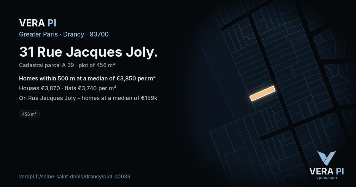 31 Rue Jacques Joly, Drancy at night – the plot lit, the parcels around coloured by the prices near them