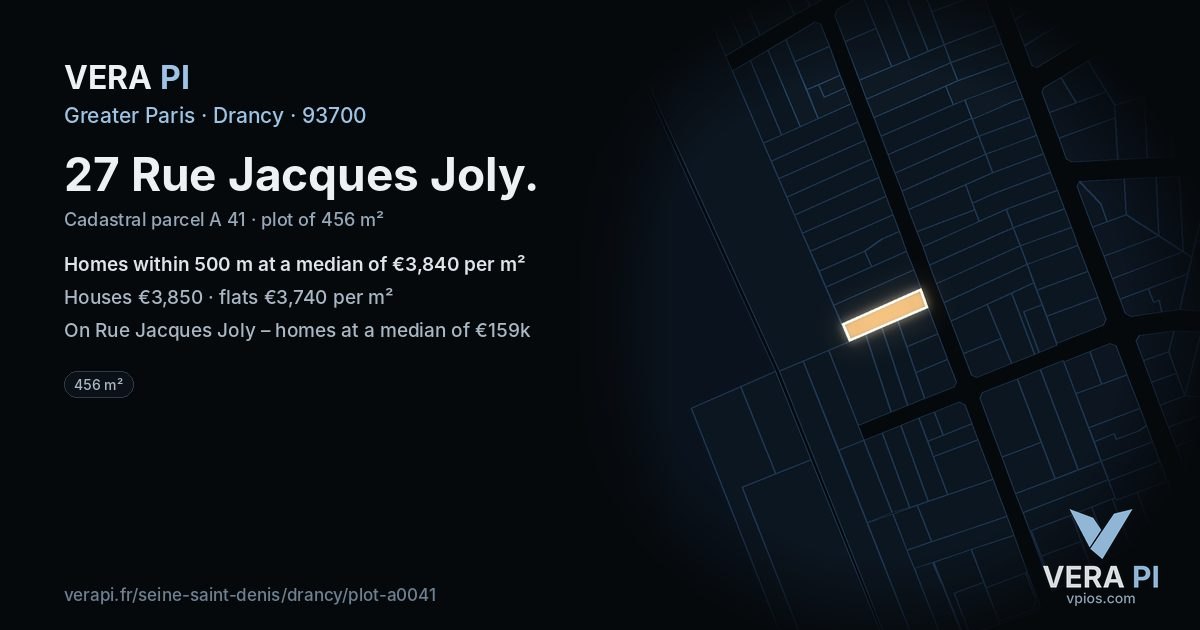 27 Rue Jacques Joly, Drancy at night – the plot lit, the parcels around coloured by the prices near them