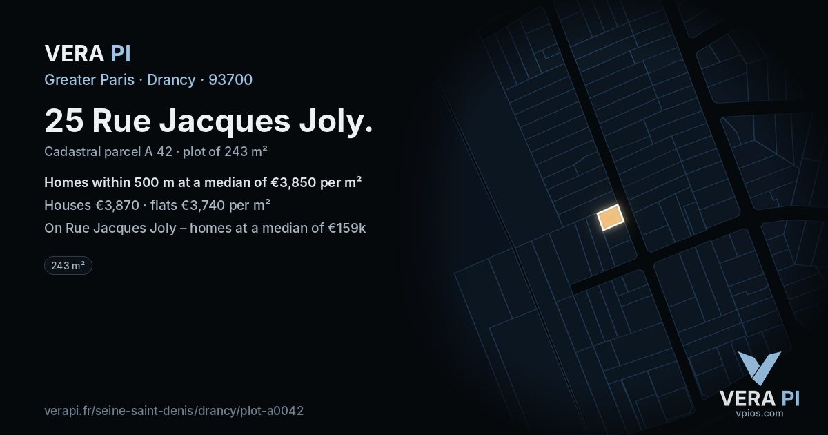 25 Rue Jacques Joly, Drancy at night – the plot lit, the parcels around coloured by the prices near them