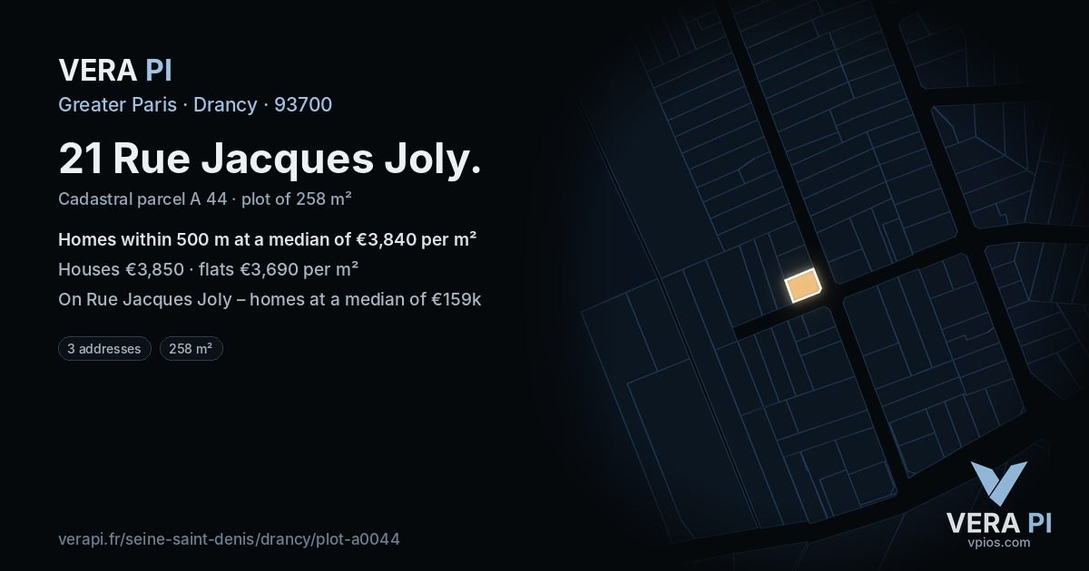 21 Rue Jacques Joly, Drancy at night – the plot lit, the parcels around coloured by the prices near them