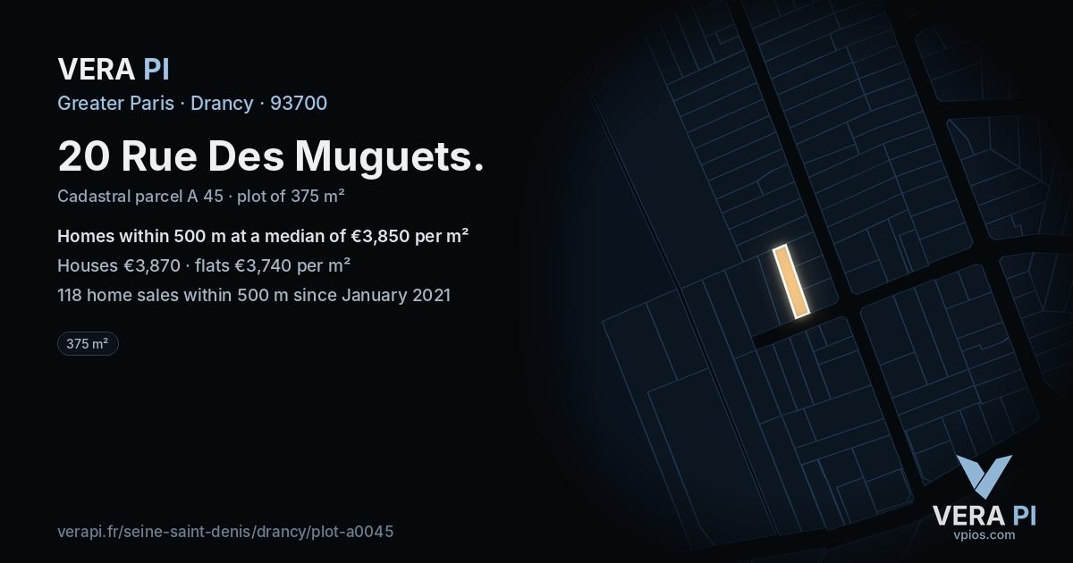 20 Rue Des Muguets, Drancy at night – the plot lit, the parcels around coloured by the prices near them