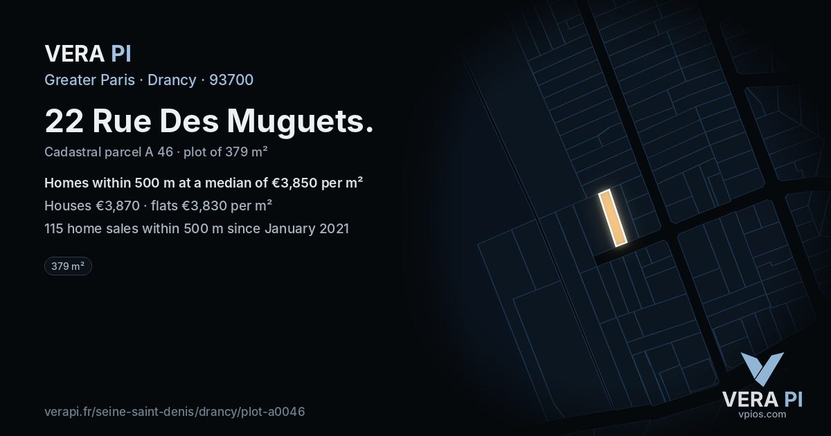22 Rue Des Muguets, Drancy at night – the plot lit, the parcels around coloured by the prices near them