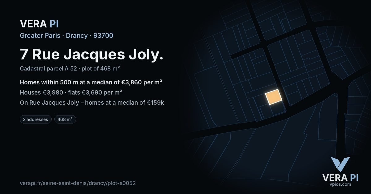 7 Rue Jacques Joly, Drancy at night – the plot lit, the parcels around coloured by the prices near them